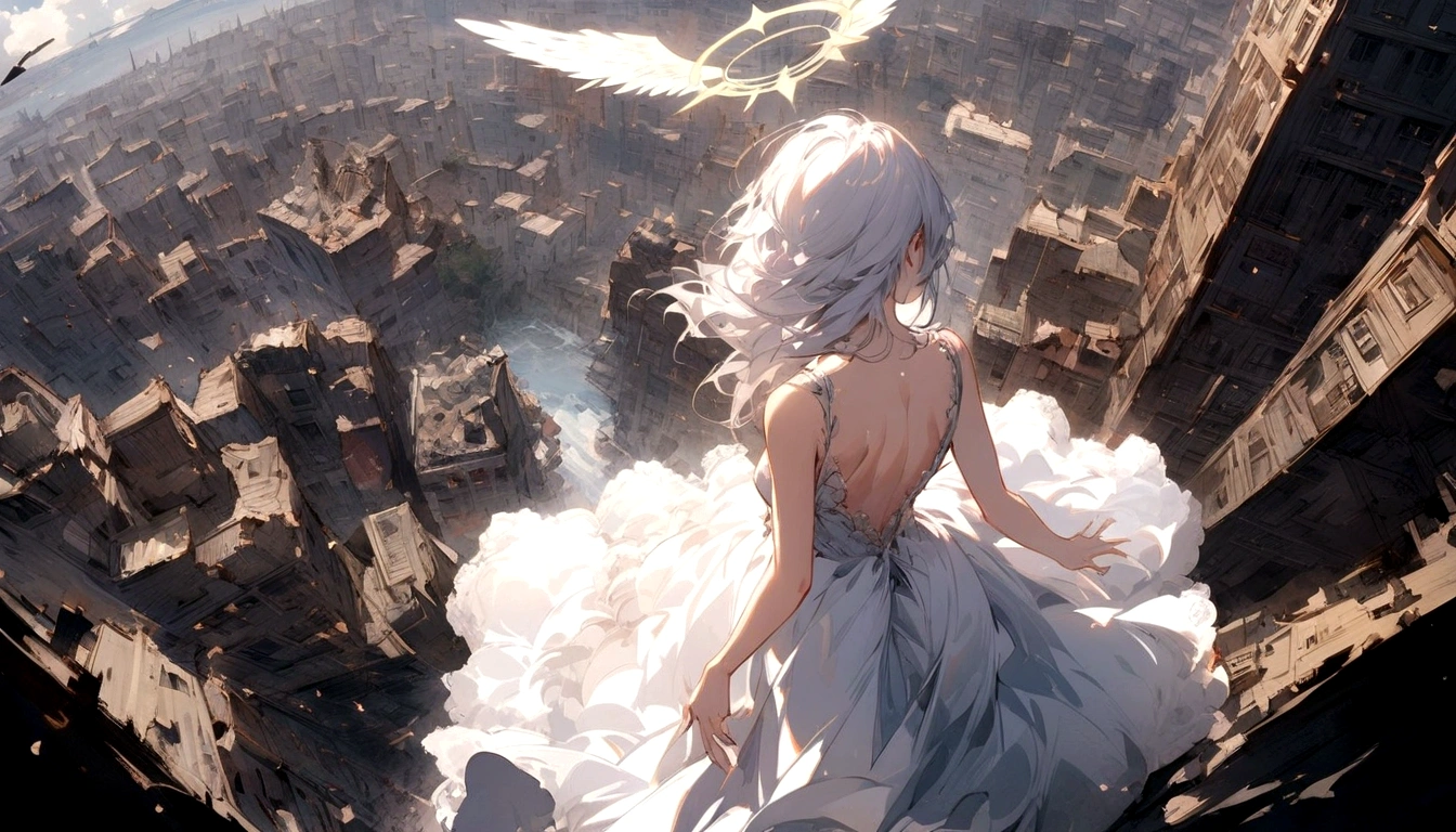 
One (Back view:1.5) A very beautiful female angel\(Long platinum hair, wide back white dress,Big beautiful white wings seen from behind,Very beautiful shining halo\), She spreads her arms wide and tenderly as if asking for help., She&#39;s on the clouds、Looking down at the world below, Fierce war\(Lots of fires of war,fail,weapons\(Fighter\) Many buildings collapsed, Nature is destroyed, Magnificent and spectacular views\) It&#39;s happening under the clouds, BREOneK ,quality\(8K,非常に精細なCGユニットのwallpaper, masterpiece,High resolution,top-quality,top-quality real texture skin,Surreal,Increase the resolution,ROneW photos,最高quality,Very detailed,wallpaper,Cinema Lighting,Ray-tracing,Golden Ratio\),[Browsing Caution],Dynamic Angle,[Browsing Caution],From above