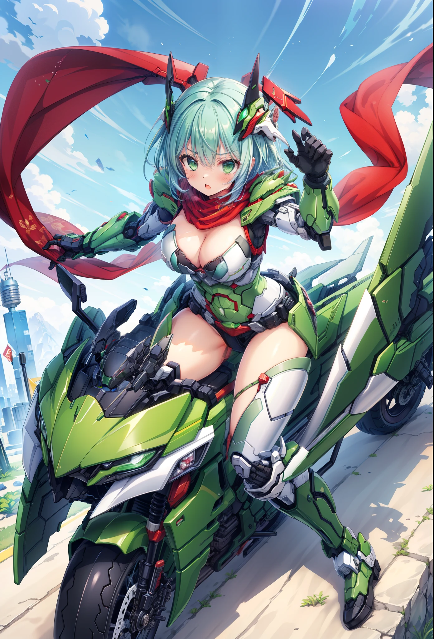 (masterpiece:1.2), best quality, high resolution, extremely detailed CG, absurdres, highres,1girl, solo, black and green powersuit, white armor, on a cyber motorcycle, thighs, cleavage, blue_hair,  red_scarf, mecha_armored, mecha_belt, headgear