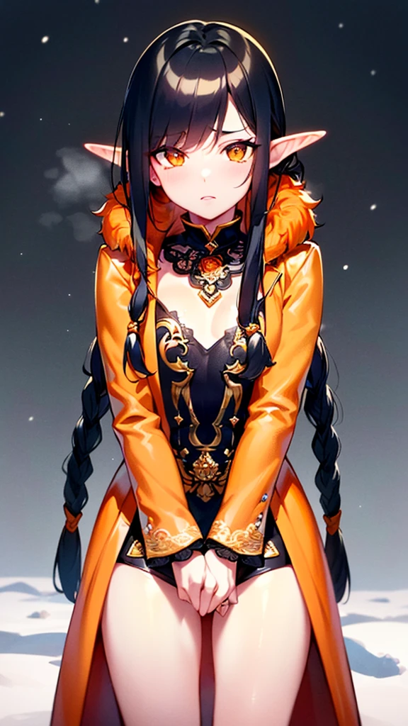 cute elf,(((little ,tiny little body,little))),(((6 years old))),((anime elf with extremely cute and beautiful orange hair)), (((elf))), (((elf ears))),
(((flat chest))),((((black hair:1.35,messy orange hair,long hair,huge braids,colored inner hair,ear breathing)))),(((orange_eyes:1.3))),intricate eyes,beautiful detailed eyes,symmetrical eyes,big eyes:1.5,(((lustrous skin:1.5,bright skin: 1.5,skin tanned,shiny skin,very shiny skin,shiny body,plastic glitter skin,exaggerated shiny skin,illuminated skin))),(detailed body,(detailed face)),
cute,slutty,erotic,daring,(((nsfw))),
zettai ryouiki,revealing clothing,show skin,(((Sexy orange coat, orange coat outfit, wearing a orange coat:1.3,orange winter coat))), ((orange mini-skirt,orange mini skirt with furry edge,visible thong straps)),(white gloves,orange clothes,semi-naked,with little orange clothing,((((furry edge clothing)))),(((intricate outfit,intricate clothes,embroidered outfit,ornate outfit))),
(dynamic pose:1.0),embarrassed,(centered,scale to fit dimensions,Rule of thirds),
((snowy pine forest at night)),with dark stormy clouds,winter,scenery:1.25,((snow forest background)),Christmas tree,
highres,sharp focus,(ultra detailed,extremely detailed),(photorealistic artwork:1.37),(extremely detailed CG unity 8k wallpaper),(((vibrant colors,vibrant theme))),(intricate),(masterpiece),(best quality),