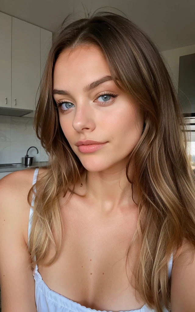Belle brune aux reflets blonds nue et sexy , 22 ans, Visage innocent, cheveux ondulés naturels, yeux bleus, Haute résolution, chef-d'œuvre, meilleure qualité, détails complexes, très détaillé, mise au point nette, peau détaillée, texture de peau réaliste, texture, yeux détaillés, professionnel, 4K, sourire charmant, filmé sur Canon, 85 millimètres, faible profondeur de champ, Couleur Kodak Vision, corps parfaitement ajusté, extrêmement détaillé, photographier_\(ultra\), photoréaliste, Réaliste, Post-traitement, un maximum de détails, rugosité, vrai vie, ultra réaliste, photoréalisme, photographie, 8k euh, photographie