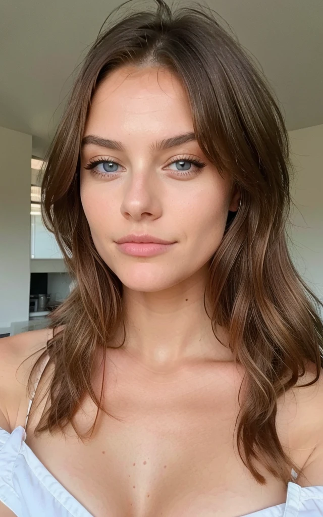 Belle brune aux reflets blonds nue et sexy , 22 ans, Visage innocent, cheveux ondulés naturels, yeux bleus, Haute résolution, chef-d&#39;œuvre, meilleure qualité, détails complexes, très détaillé, mise au point nette, peau détaillée, texture de peau réaliste, texture, yeux détaillés, professionnel, 4K, sourire charmant, filmé sur Canon, 85 millimètres, faible profondeur de champ, Couleur Kodak Vision, corps parfaitement ajusté, extrêmement détaillé, photographier_\(ultra\), photoréaliste, Réaliste, Post-traitement, un maximum de détails, rugosité, vrai vie, ultra réaliste, photoréalisme, photographie, 8k euh, photographie