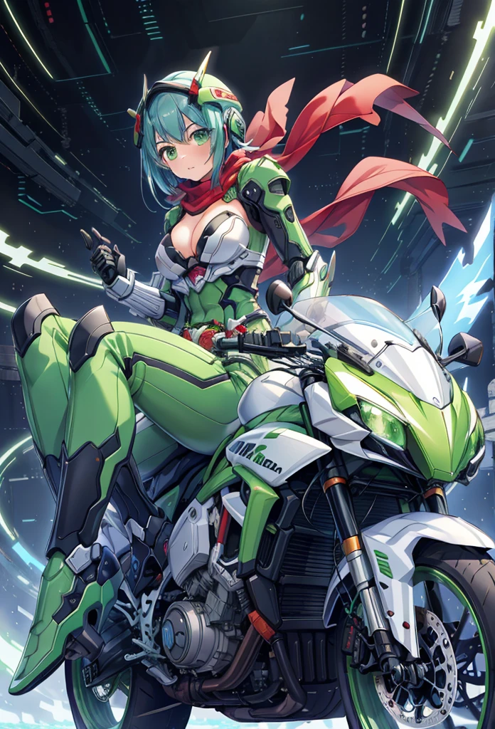 (masterpiece:1.2), best quality, high resolution, extremely detailed CG, absurdres, highres,1girl, solo, black and green powersuit, white armor, on a cyber motorcycle, thighs, cleavage, blue_hair, red_scarf, mecha_armored, mecha_belt, headgear