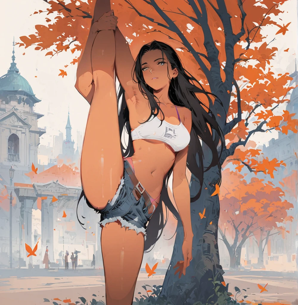 close, Beautiful woman in samdo art style, In a park covered with orange leaves , alone,Are standing_Split, Jeremy Mann, By Sandra Chevrier, Dave McCain、Richard Avedon、Maciej Cuchala, White tank top and jeans, High resolution, 8K,naked,sexy,bikini , Wear nothing at all