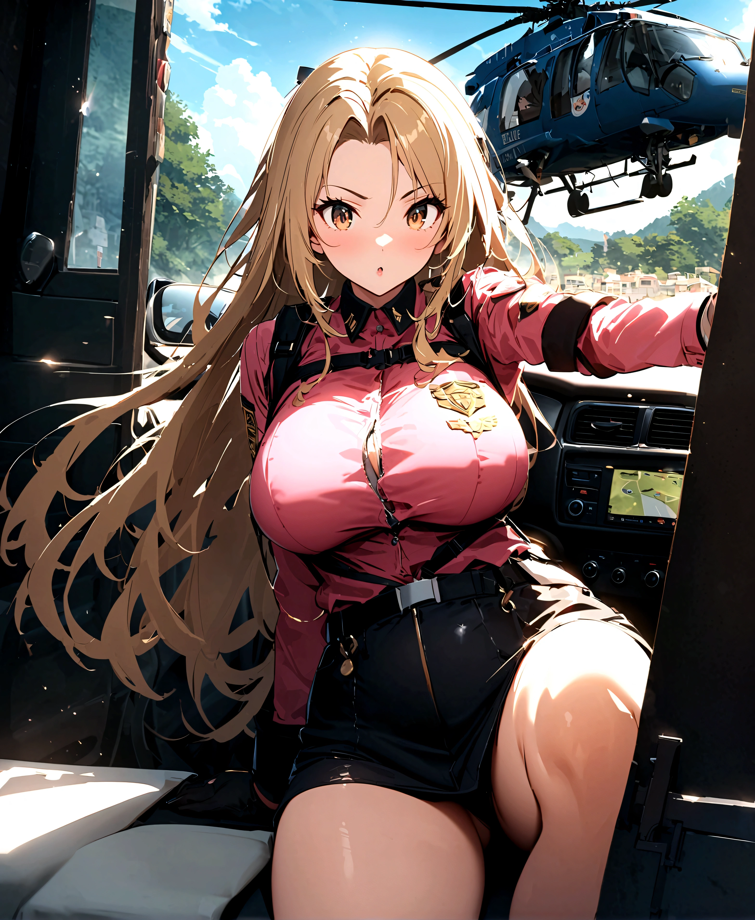 Police Box in Front of Kameari Park, Katsushika Ward、police box、solo、1 person、Akimoto, Catherine, Reiko、(((pink police officer outfit)))+++、blonde long hair、brown eyes、big tits milf、big tits milf、big milf、Super celebrity police officer Reiko、Akimoto trade、fashion designer、Big rich、Professional level skill in all sports、Piano playing、His shooting skills are also superhuman, as he used a rifle to shoot through parachute strings at an altitude of several hundred meters.、I once won a gold medal at the Olympics。I'm also good at driving a car.、My favorite car is Porsche。Launching an airstrike using a combat helicopter、