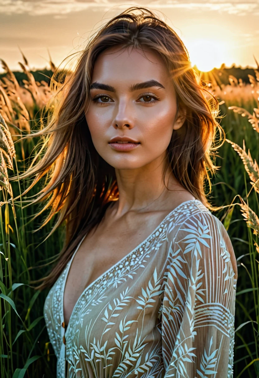 a woman standing in a field of tall grass with the sun setting, gorgeous woman, cinematic beautiful natural skin, attractive woman, attractive girl, photo of a beautiful woman, gorgeous attractive face, extremely beautiful face, in a field, beautiful female model, portrait of a beautiful model, soft portrait shot 8 k, beautiful delicate face, a beautiful young woman, attractive beautiful face