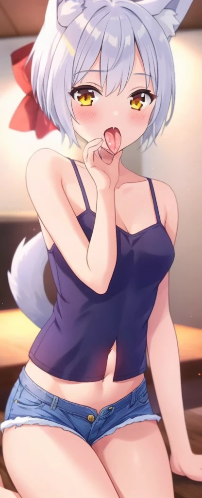 one girl, girl focus, pony tail, wolf ears, beautiful, fluffy ears, camisole, white hair, denim short pants, navel, fellatio gesture