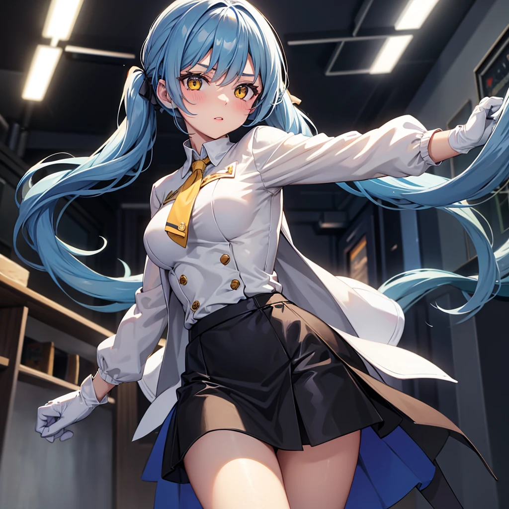 
1girl, solo, long hair, breasts, looking at viewer, blush, bangs, skirt, shirt, gloves, long sleeves, twintails, blue hair, standing, jacket, yellow eyes, white shirt, pantyhose, cowboy shot, parted lips, shiny, indoors, white gloves, miniskirt, black skirt, black pantyhose, capelet, white jacket, pencil skirt, shiny clothes, brown pantyhose, white capelet