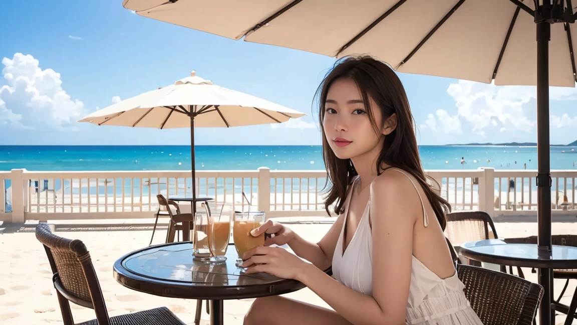 Woman at a cafe on the beach、front、Portrait、Parasols on the open terrace１t、Palm tree１t、Tropical drinks on the table、Summery white clothes、(Photorealistic:1.5)、High image quality like that of a single-lens reflex camera、Highest quality、Ultra-high resolution、 (Photorealistic: 1.5)、16K resolution