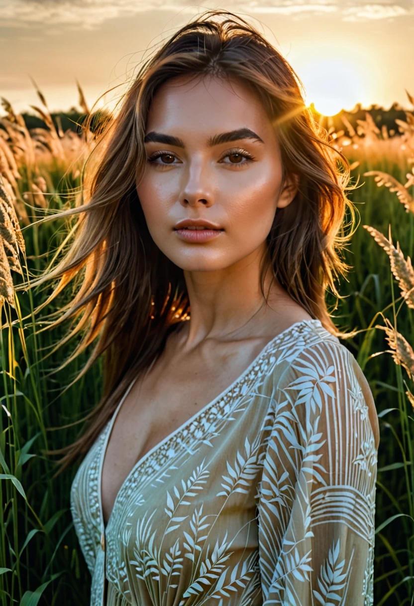 a woman standing in a field of tall grass with the sun setting, gorgeous woman, cinematic beautiful natural skin, attractive woman, attractive girl, photo of a beautiful woman, gorgeous attractive face, extremely beautiful face, in a field, beautiful female model, portrait of a beautiful model, soft portrait shot 8 k, beautiful delicate face, a beautiful young woman, attractive beautiful face