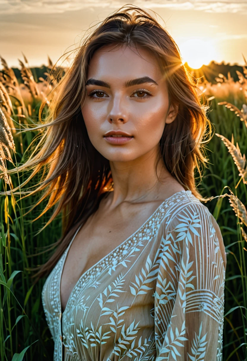 a woman standing in a field of tall grass with the sun setting, gorgeous woman, cinematic beautiful natural skin, attractive woman, attractive girl, photo of a beautiful woman, gorgeous attractive face, extremely beautiful face, in a field, beautiful female model, portrait of a beautiful model, soft portrait shot 8 k, beautiful delicate face, a beautiful young woman, attractive beautiful face