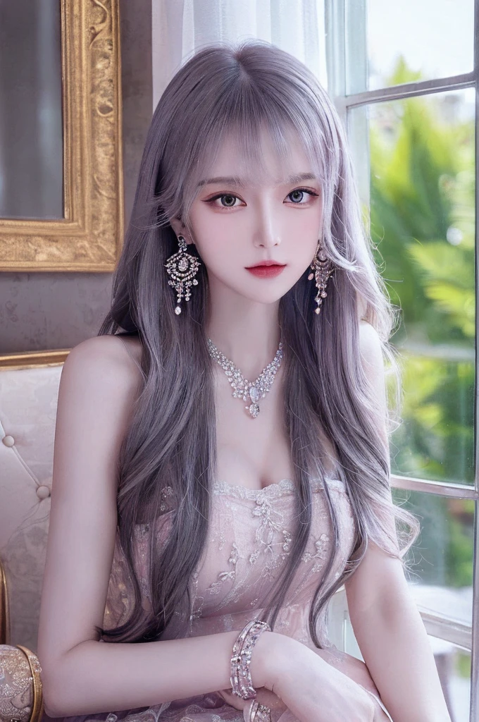 Purple lace string&good, (((Very elegant and beautiful, Perfect detail, Very detailed))), whole body, The most detailed girl, Written boundary depth, 美しく詳細なwhole body, Thin legs, 1 Girl,  Very long hair, Straight Hair, Gray and silver hair, Beautiful detailed hair, Perfect Face, Expressionless, Beautiful, detailed, deep eyes, Please open your mouth a little, Delicate arms and hands, Pale skin, Earrings, Beautiful and gorgeous necklace, Colorful background, HD background, Blurred Background, Very delicate and beautiful, masterpiece, (((Highest quality, Very beautiful 8K CG wallpaper))), (((Trendy hairstyles))), (Inside the room,Stylish interior,window),