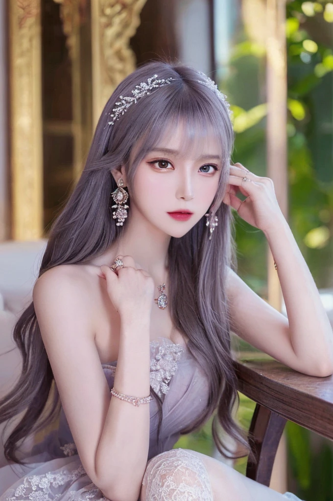 Purple lace string&good, (((Very elegant and beautiful, Perfect detail, Very detailed))), whole body, The most detailed girl, Written boundary depth, 美しく詳細なwhole body, Thin legs, 1 Girl, Very long hair, Straight Hair, Gray and silver hair, Beautiful detailed hair, Perfect Face, Expressionless, Beautiful, detailed, deep eyes, Please open your mouth a little, Delicate arms and hands, Pale skin, Earrings, Beautiful and gorgeous necklace, Colorful background, HD background, Blurred Background, Very delicate and beautiful, masterpiece, (((Highest quality, Very beautiful 8K CG wallpaper))), (((Trendy hairstyles))), (Inside the room,Stylish interior,window),