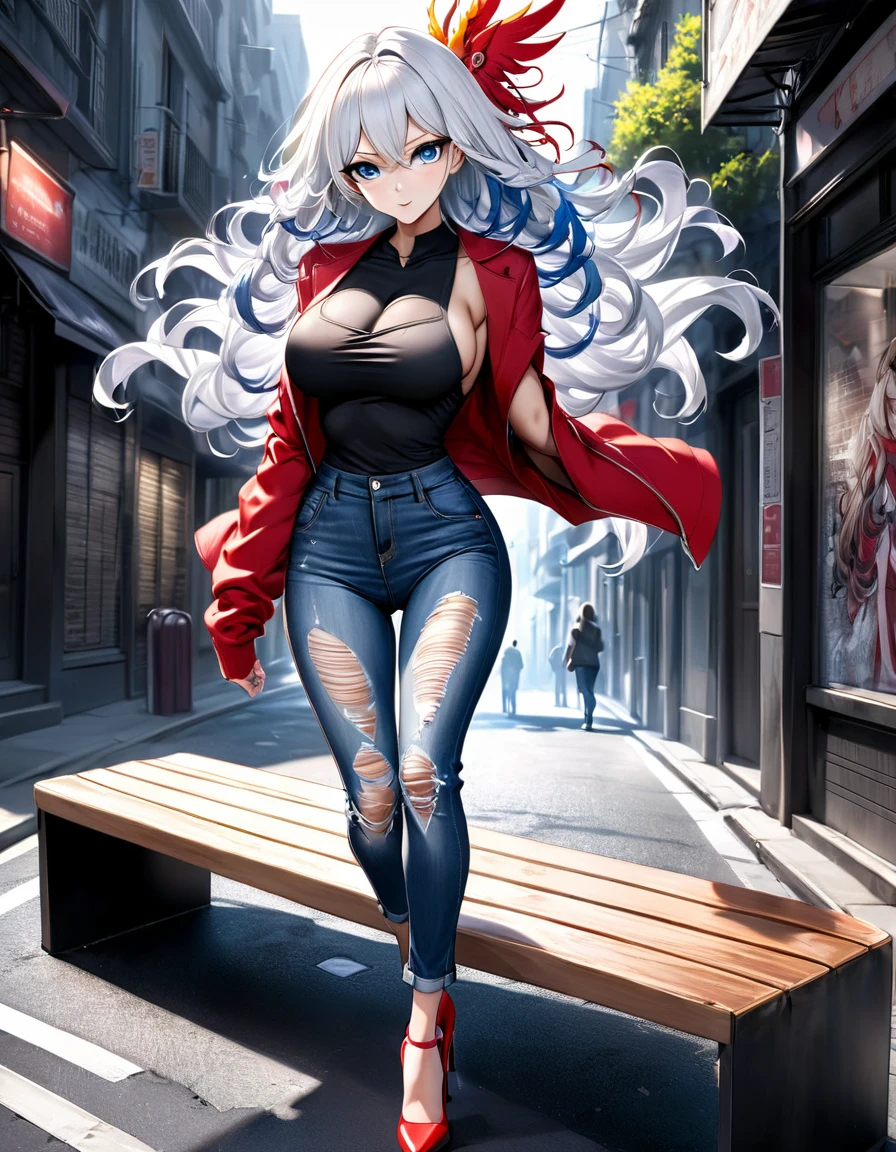 photo realism anime style Yusuke murada art Phoenix goddess alucard in fusion sarada fitness sexy big tits with cropped wavy hair v-cut dress v-cut ripped jeans wearing high heels walking on a dark dark street scared style photo realism, fully detailed drawing in black and monochromatic bench and only the strong blue eyes