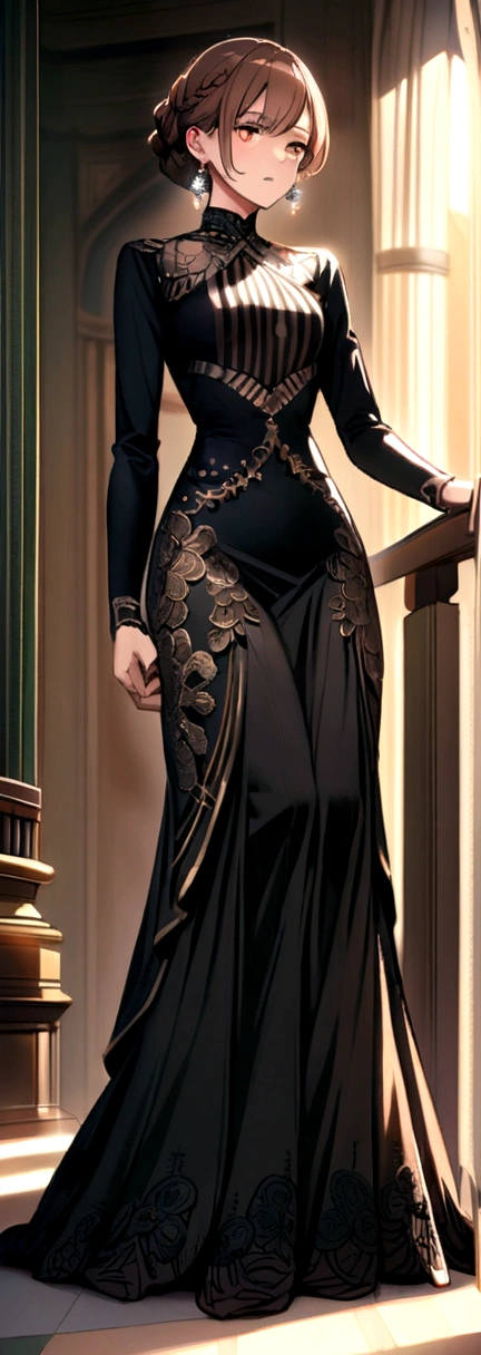 Long skirt,Brown Hair,Braid,Earrings black