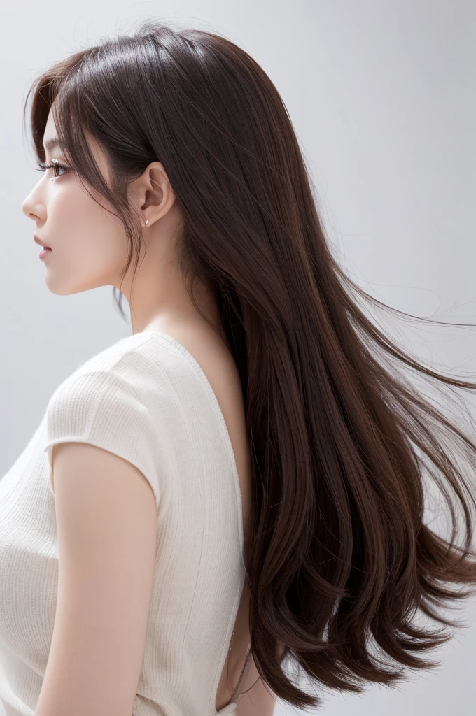 A woman with beautiful hair、Only hair、Back view、photograph、high resolution、straight、natural、White background、Smooth、Fluttering