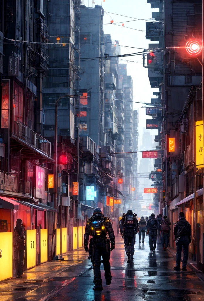 People live, Future City Street , Bright lighting, Spirited, Very crowded, Populous, Color Scheme, Art Station, Create ultra-realistic renderings of aircraft,cyber punk. Street cables densely cover the areas between buildings. Lighting scene lights on, quality\(8K,非常に精細なCGユニットのwallpaper, masterpiece,High resolution,top-quality,top-quality real texture skin,Surreal,Increase the resolution,RAW Photos,最高quality,Very detailed,wallpaper,Cinema Lighting,Ray-tracing,Golden Ratio\),(Long Shot),landscape,