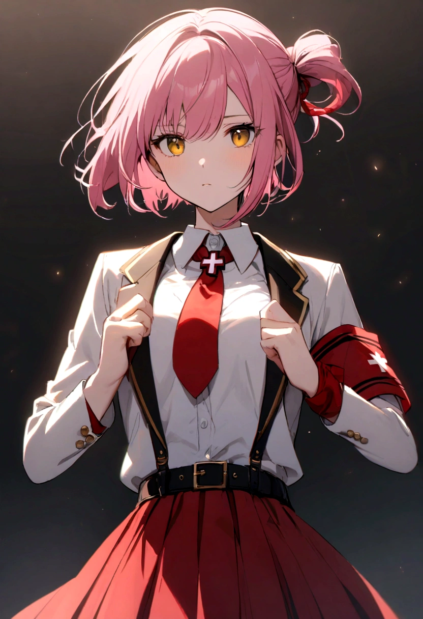 Pink hair girl, short hair, hair tied up with red cross ornament, wearing white shirt and blazer and red skirt and red tie, with red armband,black belt, dark yellow eyes