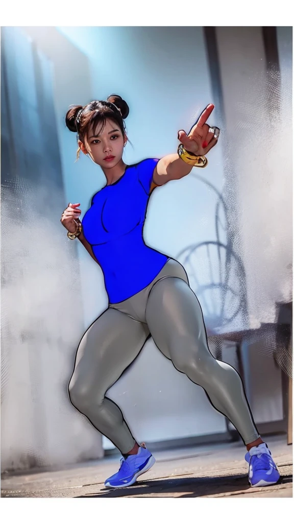 SF6 Chun-Li Nitrile Butadiene Royal Blue shirt thin grey Leggings Thighs Buttocks Streetfighter Buruma Gravure shirt Japanese gym shoes naked pantyline drawl