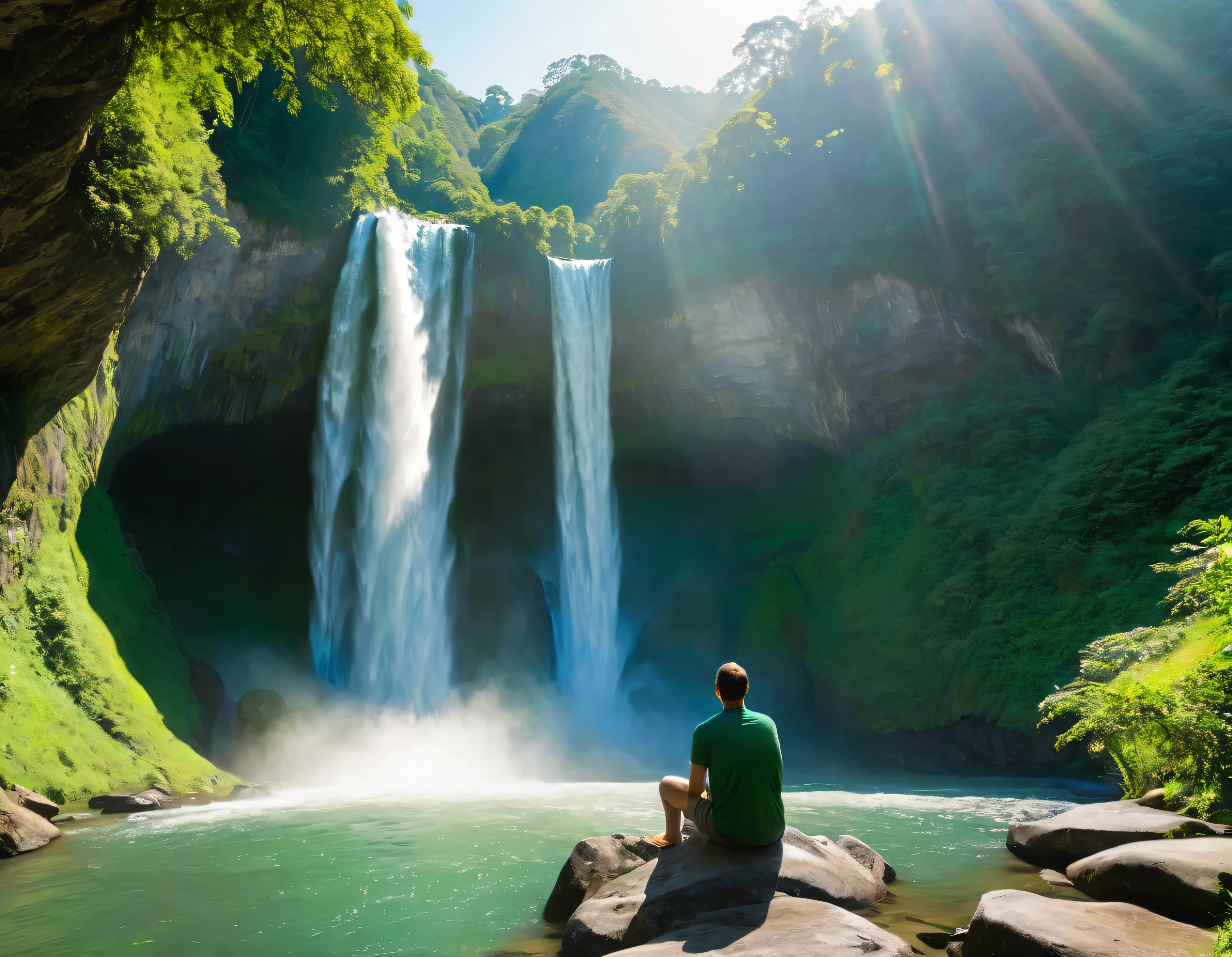 a man turns to face the waterfall, relaxes sitting on a rock, the water falls between two hills, green nature and the morning sun visible through the gaps in the mountains