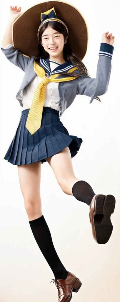 16 year old japanese teenager with  shoulder length brown hair, wearing a sailor-suit , shoulder length hair, with a prominent yellow headband, wearing brown shoes jumping in the air in a japanese classroom