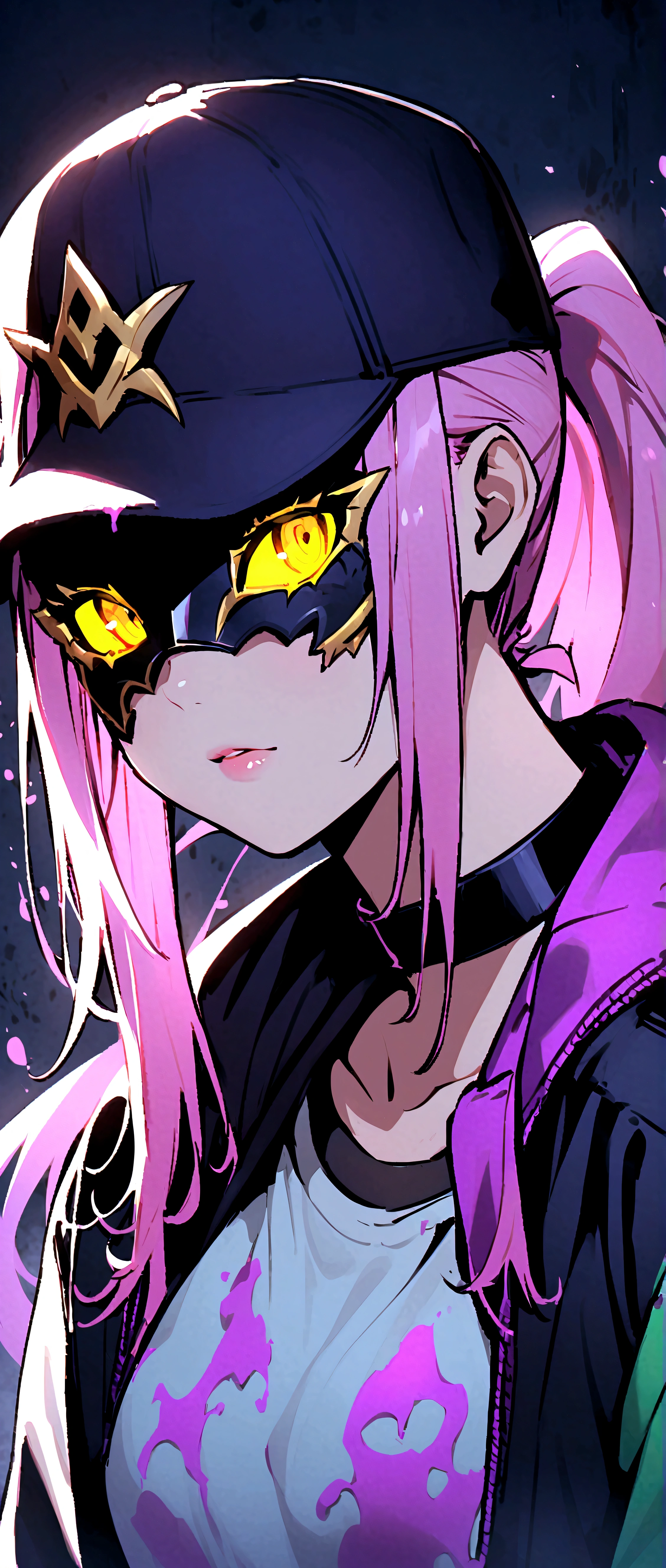 One girl、Akali、Baseball cap、黒いchoker、choker、hat、Jacket、K/GIVES \(League of Legends\)、Long Hair、Dynamic Po」、make、mask、口mask、Paint splashes、Pink Hair、ponytail、Portrait、Purple Hair、solo、Yellow Eyes