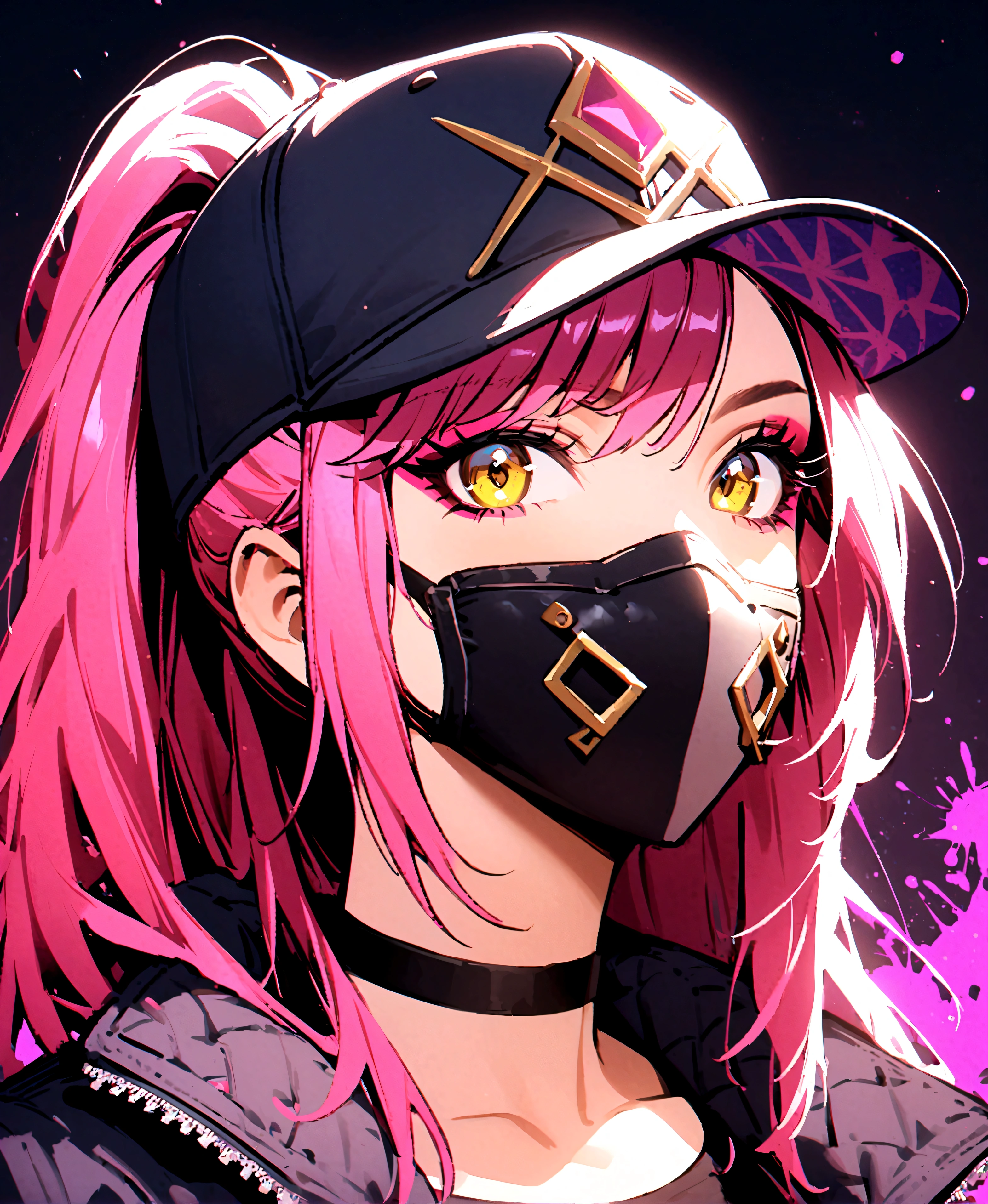 1girl, akali, baseball cap, black choker, choker, hat, jacket, k/da \(league of legends\), long hair, looking at viewer, makeup, mask, mouth mask, paint splatter, pink hair, ponytail, portrait, purple hair, solo, yellow eyes