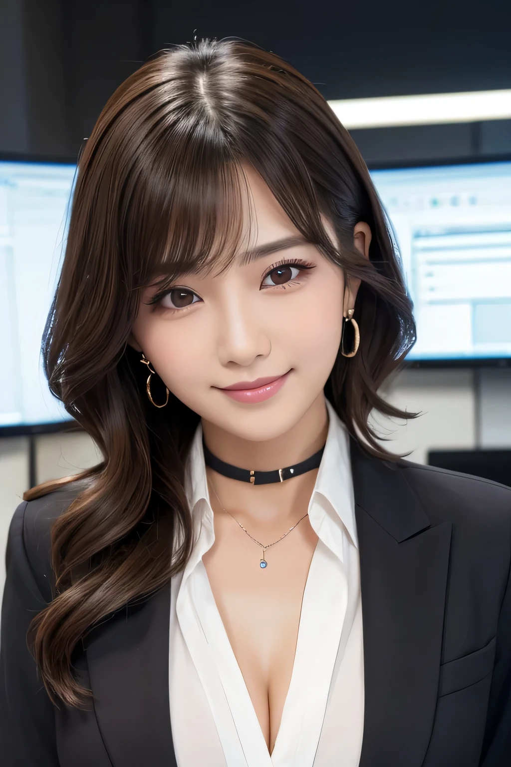 Beautiful young woman、 Dark brown hair、、Wavy Hair、Working in front of a computer、Necklace around the neck、Office Lady Suits、Jacket、Unbuttoned shirt、Flashy makeup、smile、Beautiful teeth alignment、short hair、Intricate details, Very detailed:1.2), 、 Looking into the camera,The background is the office、Necklace around the neck、Dark eyeliner、ear piercing
