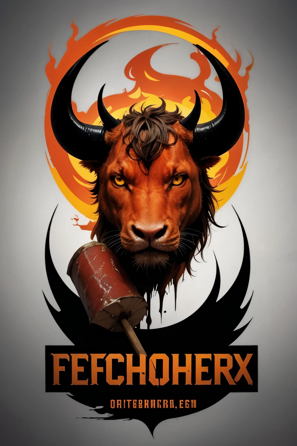Create an aggressive and eye-catching logo for a butcher shop called "Ferraz Butcher Shop". The logo must include the following elements:name: "Ferraz Butcher Shop" in a robust font, bold and worn.symbol: A bull with a fierce expression, flames coming out of the horns, and holding a cleaver.colors:Fundo pretoname em vermelho com bordas amarelas e orangeDetalhes do touro e cutelo em vermelho e orangeO logo deve transmitir força, quality and energy, using the colors yellow, orange, red and black.