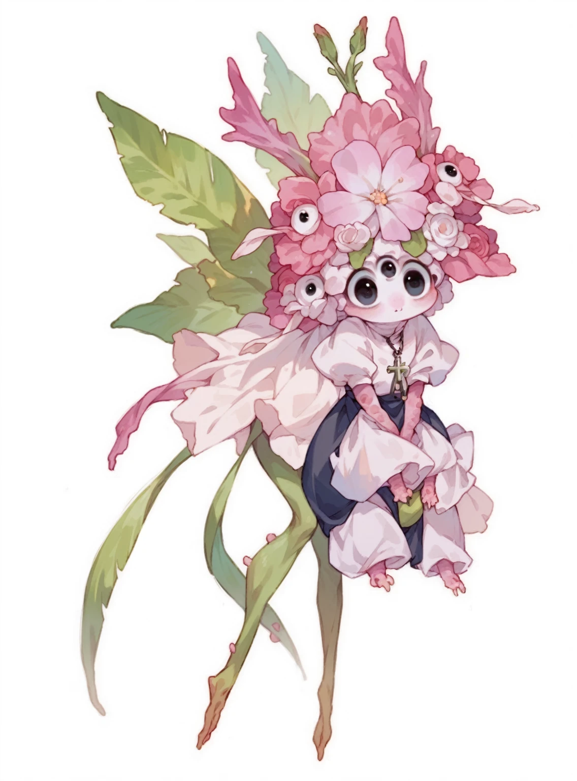 (Cute flower monster:1.5), (Cestrum nocturnum in her head:1.2), big eyes, full black eyes, cleric outfit
