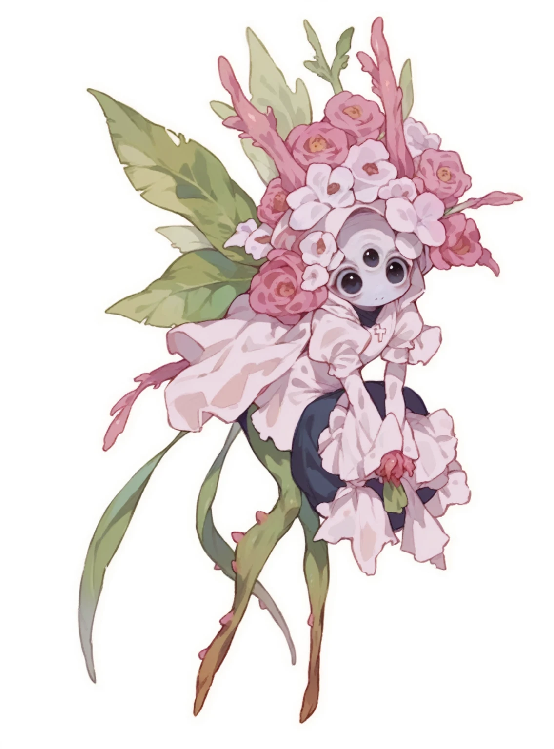 (Cute flower monster:1.5), (Cestrum nocturnum in her head:1.2), big eyes, full black eyes, cleric outfit