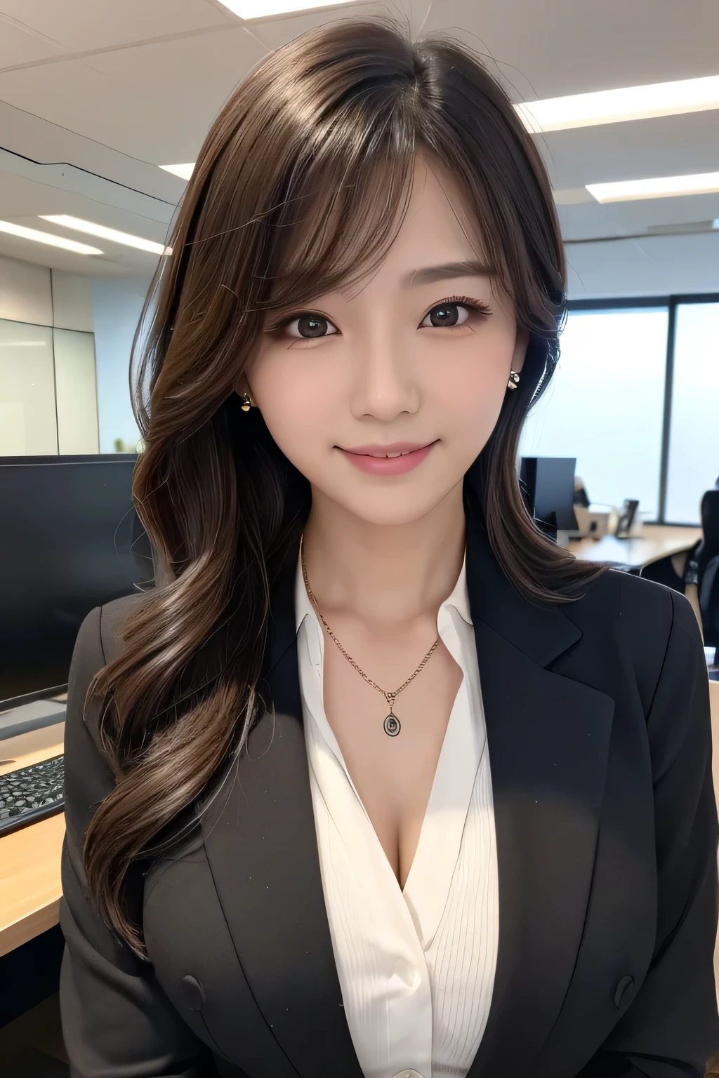 Beautiful young woman、 Dark brown hair、、Wavy Hair、Working in front of a computer、Necklace around the neck、Office Lady Suits、Jacket、Unbuttoned shirt、Flashy makeup、smile、Beautiful teeth alignment、short hair、Intricate details, Very detailed:1.2), 、 Looking into the camera,The background is the office、Necklace around the neck、Dark eyeliner、ear piercing
