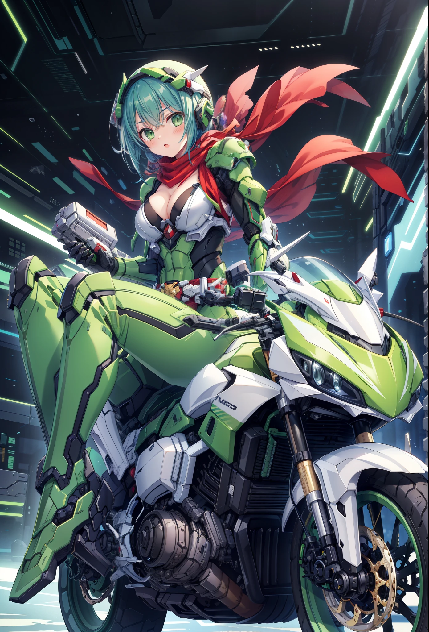 (masterpiece:1.2), best quality, high resolution, extremely detailed CG, absurdres, highres,1girl, solo, black and green powersuit, white armor, on a cyber motorcycle, thighs, cleavage, blue_hair,  red_scarf, mecha_armored, mecha_belt, headgear