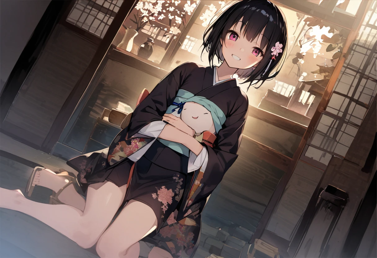 looking back at viewer、Zashiki-warashi、Japanese style、Shoji screen、tatami、Haunted House、darkness、Late Night、kimono、Bob、Girl、Girl、Younger、Baby Face、flat chest、Black Long Hair、Dynamic Angle、Innocence、Pure、smile、ball、Flower Hair Ornaments、Geta or bare feet
