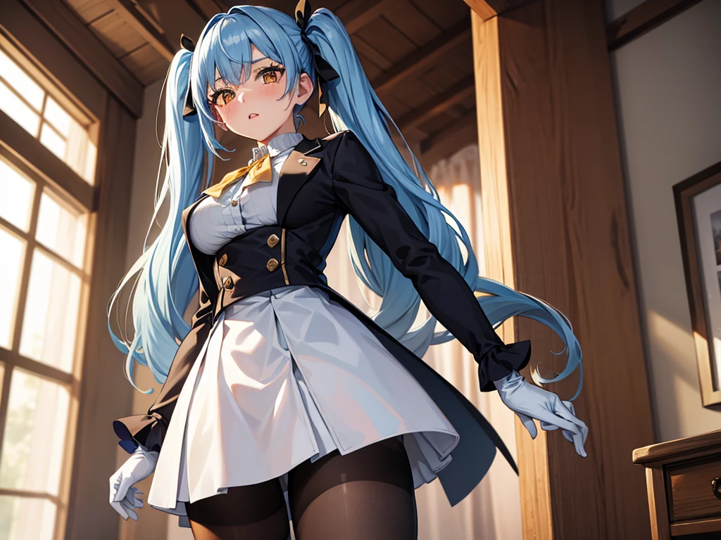 1girl, solo, long hair, breasts, looking at viewer, blush, bangs, skirt, shirt, gloves, long sleeves, twintails, blue hair, standing, jacket, yellow eyes, white shirt, pantyhose, cowboy shot, parted lips, shiny, indoors, white gloves, miniskirt, black skirt, black pantyhose, capelet, white jacket, pencil skirt, shiny clothes, brown pantyhose, white capelet
