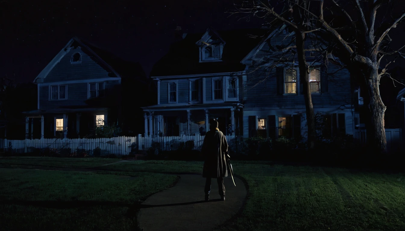 A suburban house with lights on at night
A shadowy figure stands in the foreground, facing the house. The figure should be holding a weapon, such as a bat or crowbar.
The background should include some trees and a fence, adding to the suburban feel
Use colors.