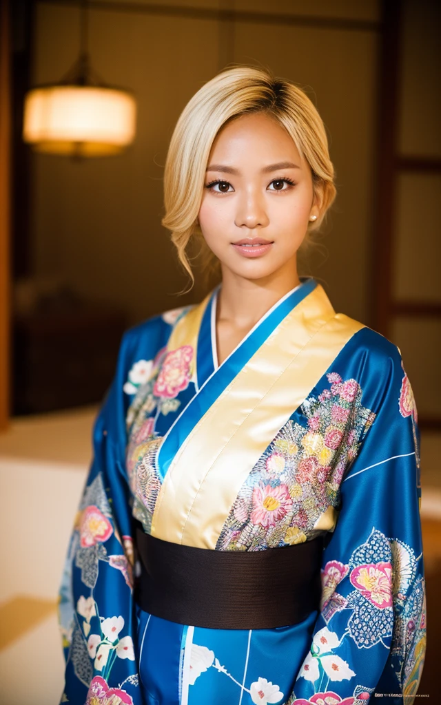 ruins, Improve, Dark skin, (Shiny, oily skin:1.2), Sony a7, 35mm lens, F1.8, Film Grain, Soft lighting, dark Knight, Wearing a brightly patterned kimono, Blonde