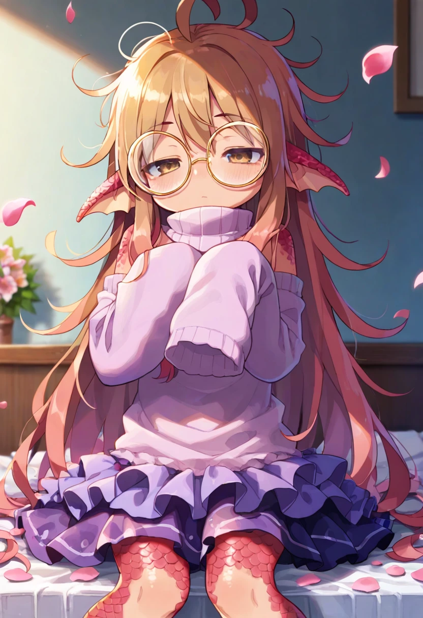 score_9, score_7_up, score_6_up, 1girl, source_cartoon, source_anime,breathtalking Scenery,watercolor,smooth soft skin, natural skin,anime screencap,mjm,rating_questionable
BREAK
(round glasses:1.5), (loli:1.6),ecru beige hair,(half closed eyes:1.1),beige eyes,kawaii,(highlight on eyes:1.1),(cute face:1.1),baby face,
BREAK
(sleeves past hands:1.6), (sleeves past wrists:1.3),(hands are hidden in sleeves:1.3),sleeves past fingers
BREAK
(excessive messy hair:1.4), excessive long messy hair with bed head, excessive long hair, antenna hair, (ahoge:1.2),sleepy,
BREAK
(Transparent pink scales skirt made of petals material:1.2),(lilac scales skirt inspired by flower petals:1.2),(emerge scales skirt fused with flower petals:1.5),pink turtleneck,flower Jabot,flower corsage,