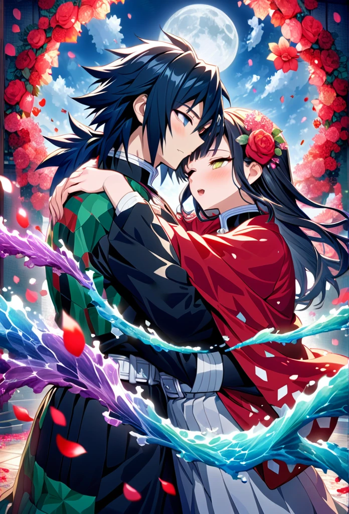 Ultra detailed, highres, absurdres, HDR, master piece, anime girl, pretty woman with white long hair with deep red streaks, girl with yellow eyes, the girl is using a red haori, black demon slayer uniform, Kimetsu No Yaiba, fantasy, petals, red flowers, pretty, Tomioka Giyu, Water Hashira, male using Tomioka haori, huging, romance, magic, moon, best quality, extremely detailed face, love, passion, romance, anime, they are realy in love, love hug