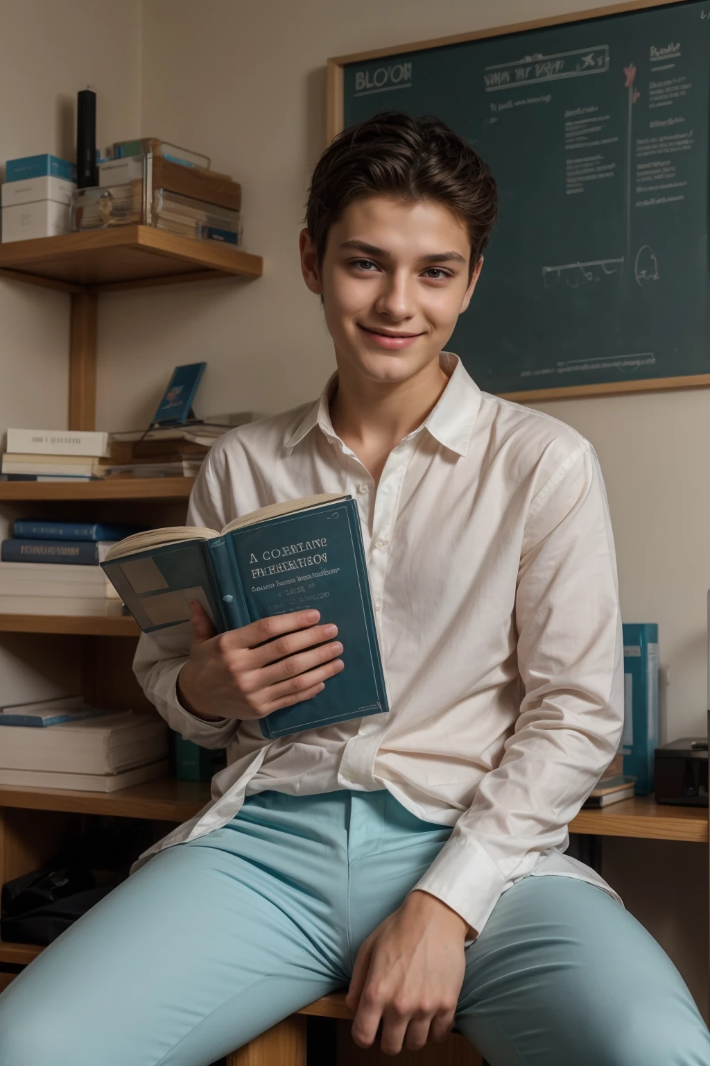 A beautiful young man, a cute male twink, with black hair, wearing a long-sleeved, white shirt and aqua blue pants. He is in his scientific office, sitting on a desk with a medical anatomy book on it, and behind him is a blackboard on which is written the shape of the brain and its anatomy, and next to him is the shape of the heart and its anatomy, and he looks on proudly with a smile on his face.  It has reddish makeup