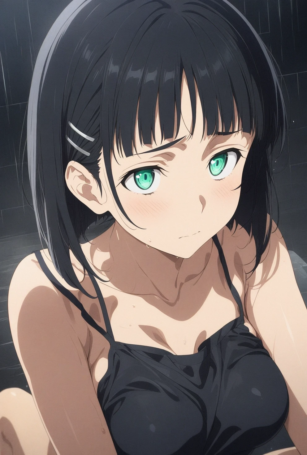 (masterpiece), (best quality), (ultra-detailed), very aesthetic, illustration, perfect composition, intricate details, absurdres, detailed face, (intricate),1girl, (kirigaya suguha, sword art online, green eyes, black hair, medium breasts, solo, nsfw), looking at view, (shy, blash, embarrassing), (narrowed eyes), (glowing eyes:1.5), bath towel, sit, glare, shower, (shiny skin), perfect face, 4k, extremely detailed anime illustration, enhanced details, (cinematic), perfect anatomy, smooth skin, (black background), beautiful face,(anime style:1.5), (highres:2)