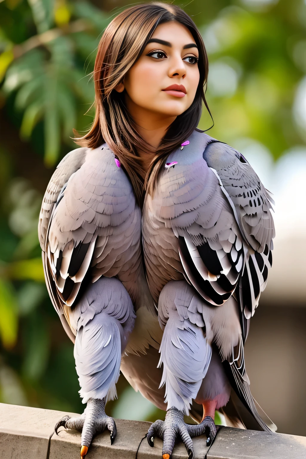 Hansika Motwani is a pigeon bird, She is a bird but her head looks like girl, from neck to full body looks like pigeon bird. Pigeon legs, pigeon wings. Bird body, pigeon body,   perfect picture, perfect bird, real bird, Real head replace with real pigeon head. Exact Bird .