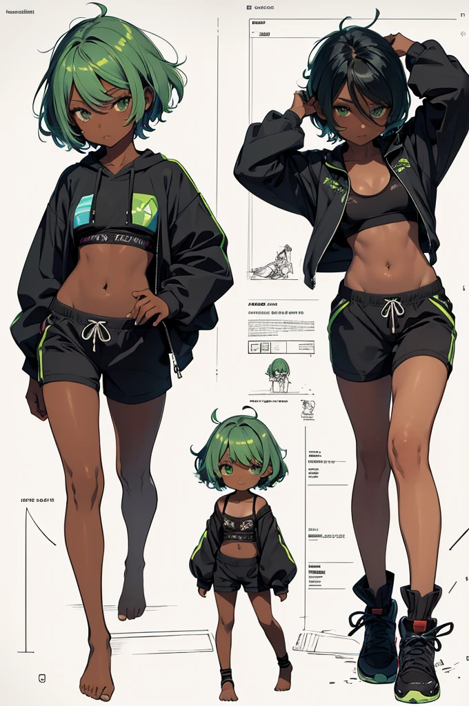 multiple views, pencil sketch, (sketch:1.25), (little girl,small breasts,), ((no shoes)), shy, best quality, graphite \\(medium\\), ske, gradient, rainbow, note, Line draft, highres, absurdres, (ultra-detailed:1.1), (illustration:1.1), (infographic:1.2), pajamas, (all clothes configuration:1.15), (solo), perfectly drawn hands, standing, cohesive background, paper, action, (character design:1.1), beltbra, corin, 1girl, ((dark skin)), short hair, green hair, bandaid on leg,