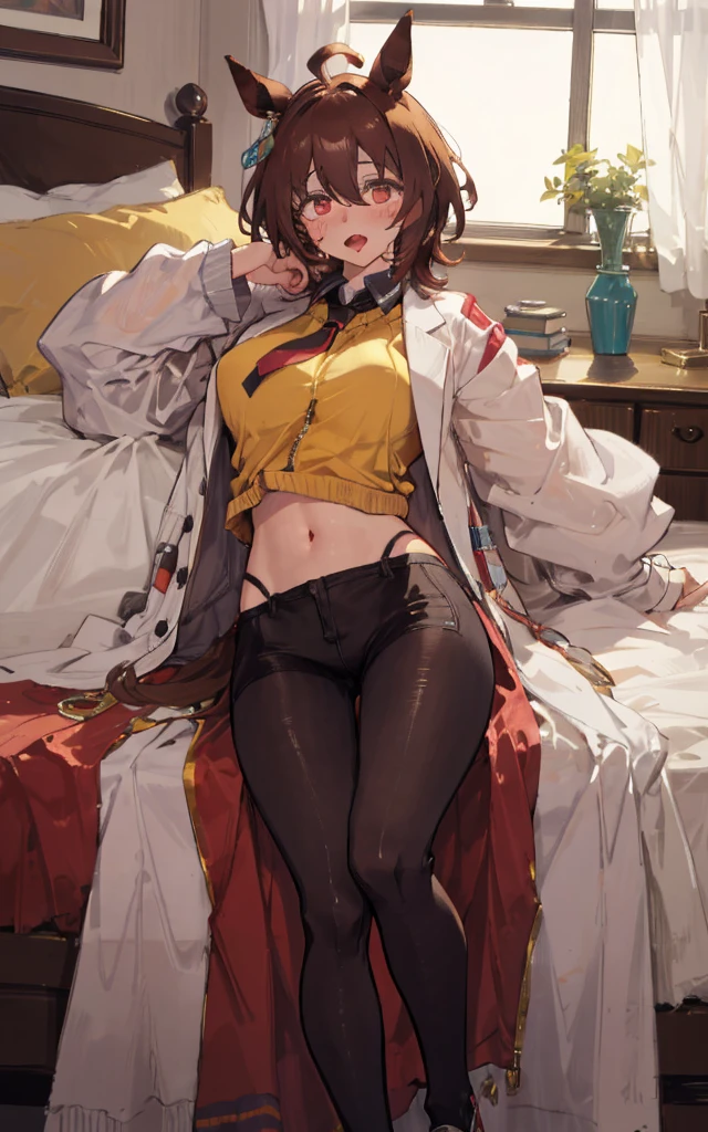 (sleeves past fingers:1.3), lie on her back, Obedience Pose, navel, stomach, huge breasts, Temptation, (1girl), mature woman, Face on the left side of the picture, solo, focus face, cute pose, huge hips, too long sleeves, 
(so much very dramatically huge breasts:1.2), (beautiful detailed red crimson eyes:1.0), (White lab coats with zippers at the hem), (simple Yellow Sweaters), tie, pantyhose, hair ornaments, horse tail, 
legs up, agnes tachyon \(umamusume\), Brown deeply short hair, 
lying bed, lay in bed, lay on side, place elbows on the desk, drunk, (blush0.7), sleepy, open mouth, looking at viewer, 
window, hand101
