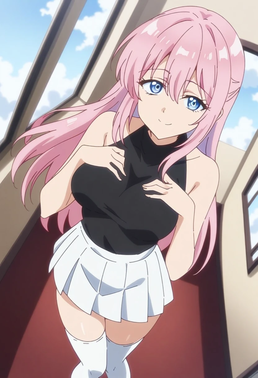 anime art style, 2d, masterpiece, best quality, very aesthetic, absurdres, dynamic shadows, atmosferic, shikimorisan, (1girl), pink hair, long hair, blue eyes, narrowed eyes, detailed eyes, hair between eyes, bangs, medium breasts, makeup, curvy body, sexy, turtleneck shirt, black shirt, white skirt, pleated skirt, white thighhighs, see-throught thighhighs, bare arms, sneakers, smile, ((cowboy shot)), (((hands on own chest))), (from above), (indoors), (window), (looking at viewer:1.0)