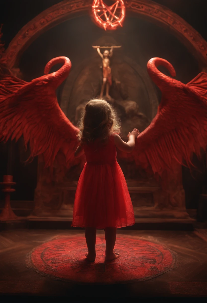 Full body view of a 4 year old girl worshipping Satan in a satanic temple