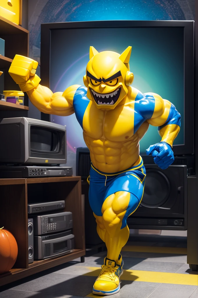 A yellow character from the Roblox game wearing blue pants, all muscular like a bodybuilder with a scary face running behind an old television with a rainbow error screen