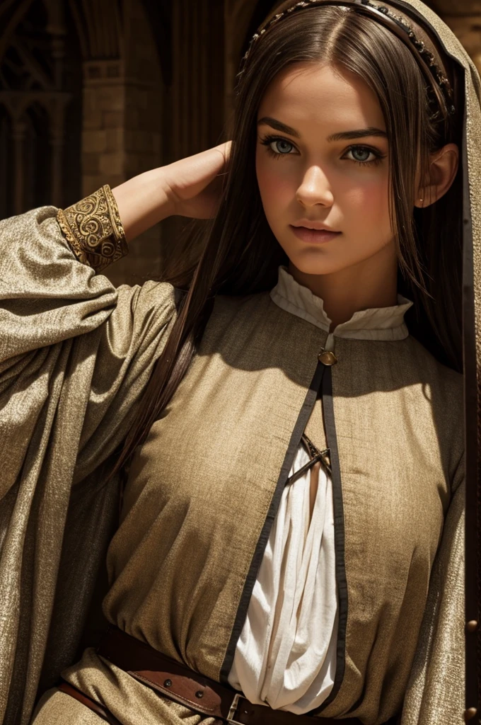 Best quality:1.1),(Realistic:1.1),(highly details:1.1), 1 girl, beautiful face, solo, wearing medieval garb, exposing