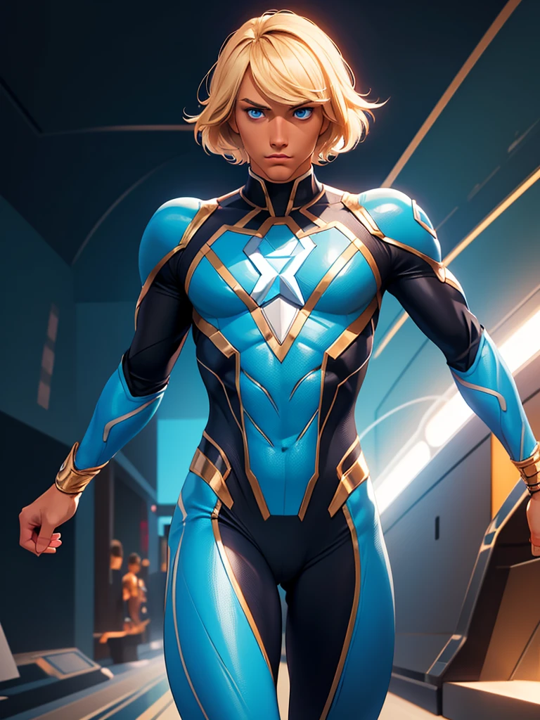 (best quality), 1boy, tanned skin, blonde hair, short hair, side bangs, beautiful hairstyle, blue eyes, perfect eyes, femboy, slender, handsome, feminine body, attractive, spandex suit, marvel universe, masterpiece, anatomically correct, highres
