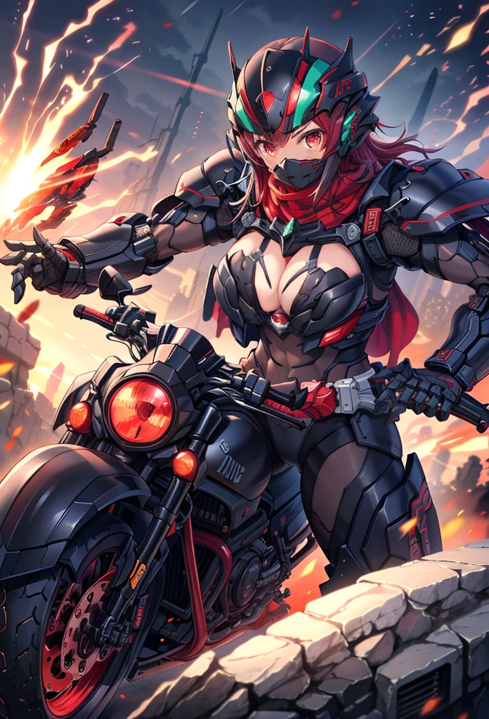(masterpiece:1.2), best quality, high resolution, extremely detailed CG, absurdres, highres,1girl, solo, black powersuit, black armor, on a cyber motorcycle, thighs, cleavage, red_hair, red_scarf, mecha_armored, mecha_belt, headgear