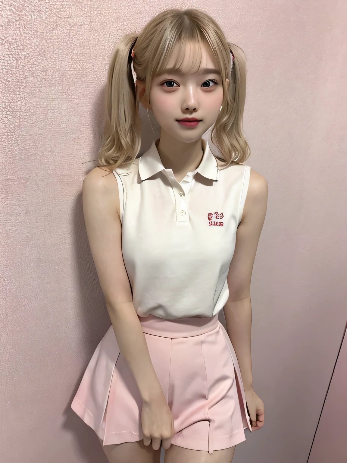 One person、11 years old、Full body photo,slender、woman、White drool coming out of the mouth、smile、、Blonde、Short Twin Tails、 Fair skin, messy hair, super cute、Soft and Face、8K resolution、Surreal、Ultra high definition、 A-cup small breasts（（Highest resolution、8K、masterpiece：1.3））、Ultra-fine face、Ultra Fine Lips、Beautiful Eyes、double eyelid,Pink wall、Sleeveless red polo shirt、White Skirt、Thighs、thin,Thighsが見える、Shapely small breasts、sexy、So cute!